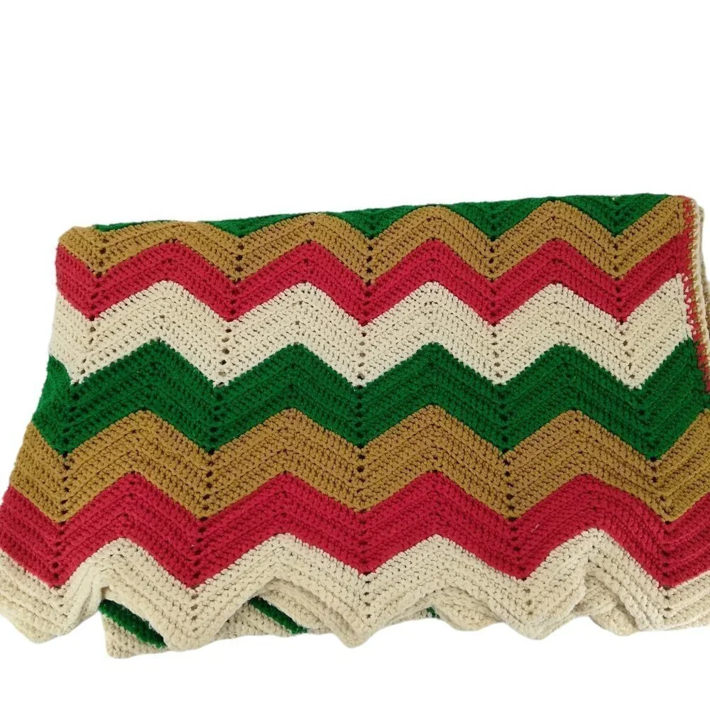 Vintage Crochet Chevron Striped Afghan Blanket Throw Fringe 52 x 74 Orange Green
